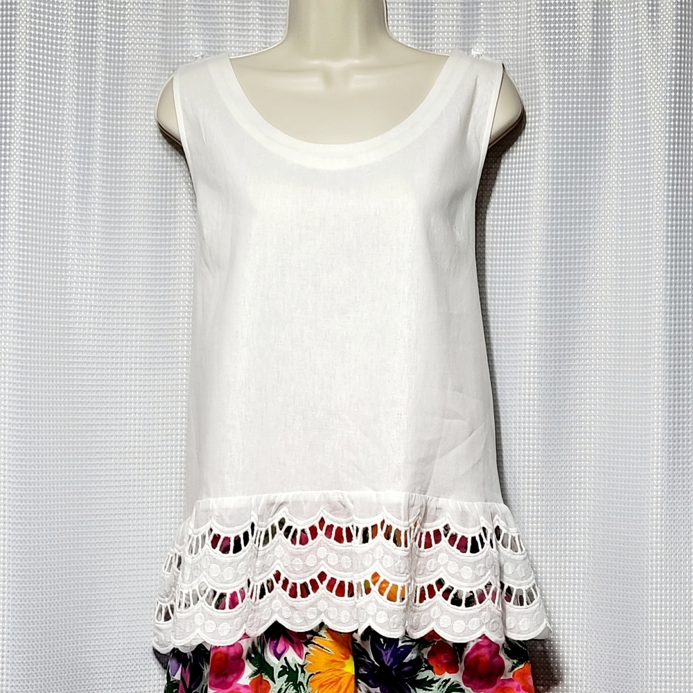 NWT Jones NY White Linen & Scalloped Lace Trim Sleeveless Top Women's (L)